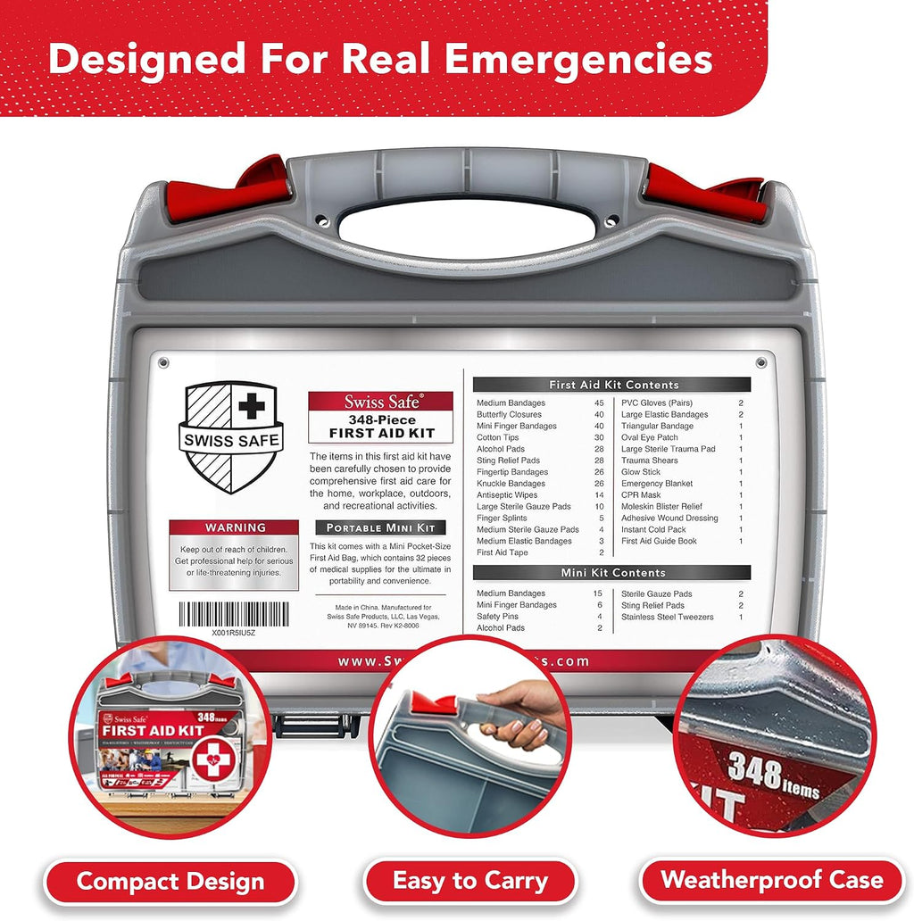 Swiss Safe 2-in-1 348 Pcs Large First Aid Kit for Camping, Travel & Car