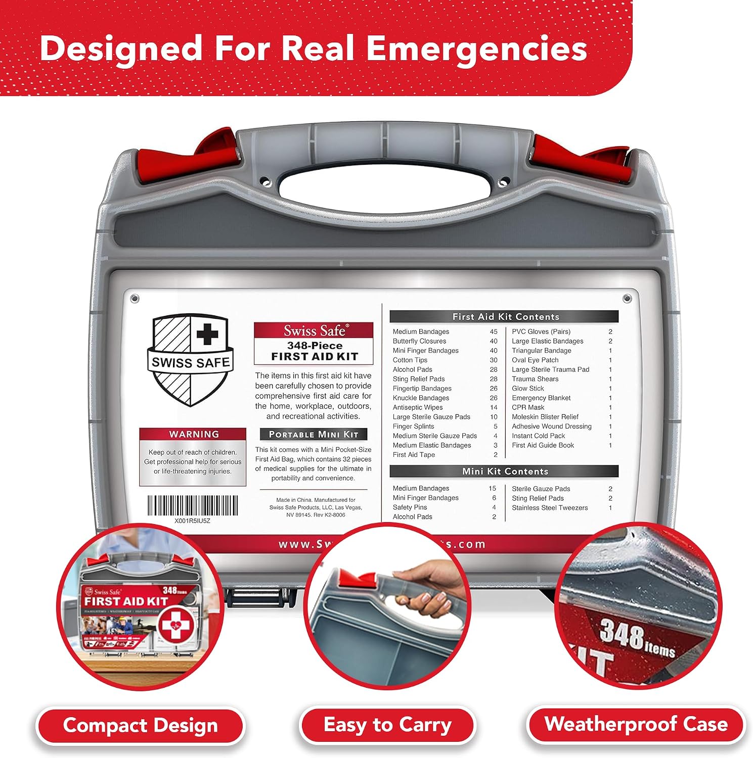 Swiss Safe 2-in-1 348 Pcs Large First Aid Kit for Camping, Travel & Car