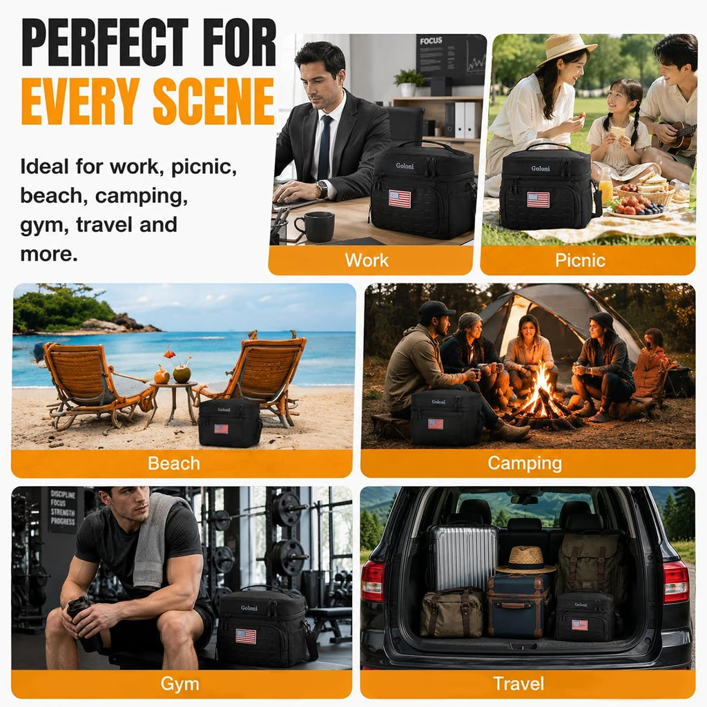 Goloni Lunch Box for Men & Women, Small Cooler Soft Thermal Leakproof Bag with Shoulder Strap, Multi-Pockets for Picnic, Beach, Camping