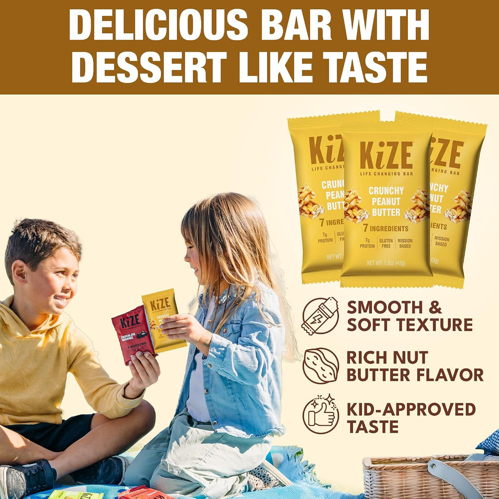 KiZE Energy Bars - Crunchy Peanut Butter - 30-Count - Gluten Free, Dairy Free, Non-GMO, and High Protein Meal Replacement Energy Bars, Clean and Simple Food Ingredients - 7g High Protein Snacks (30 Count)