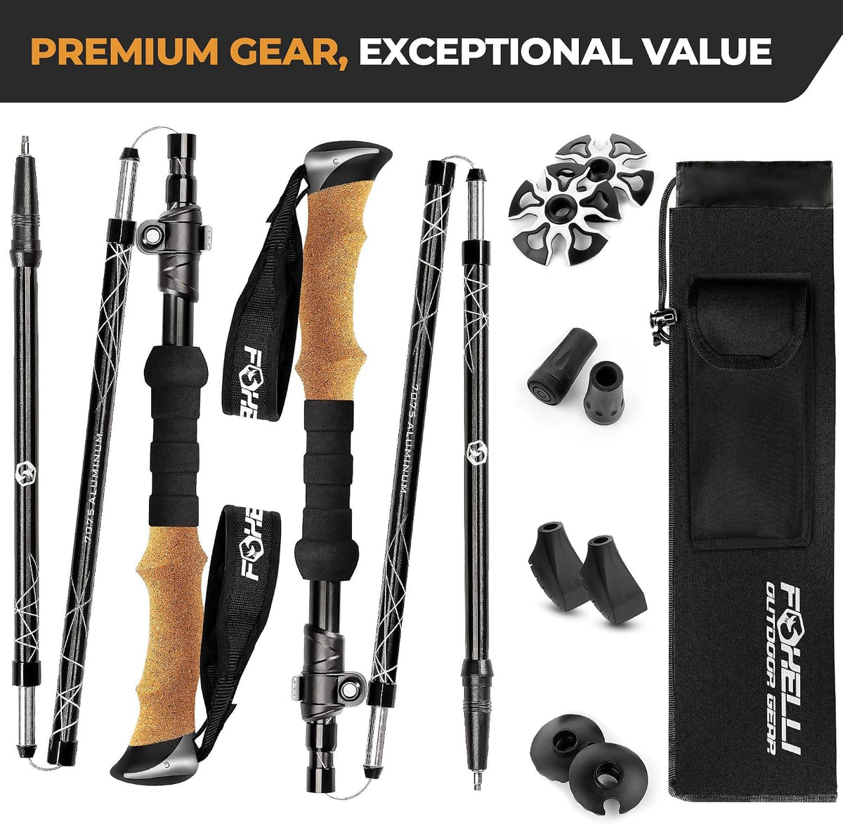 Foxelli Lightweight Trekking Poles – Compact Walking Sticks with Quick Locks, Ergonomic Cork Grip & All-Terrain Accessories – Adjustable Collapsible Poles for Travel & Hiking