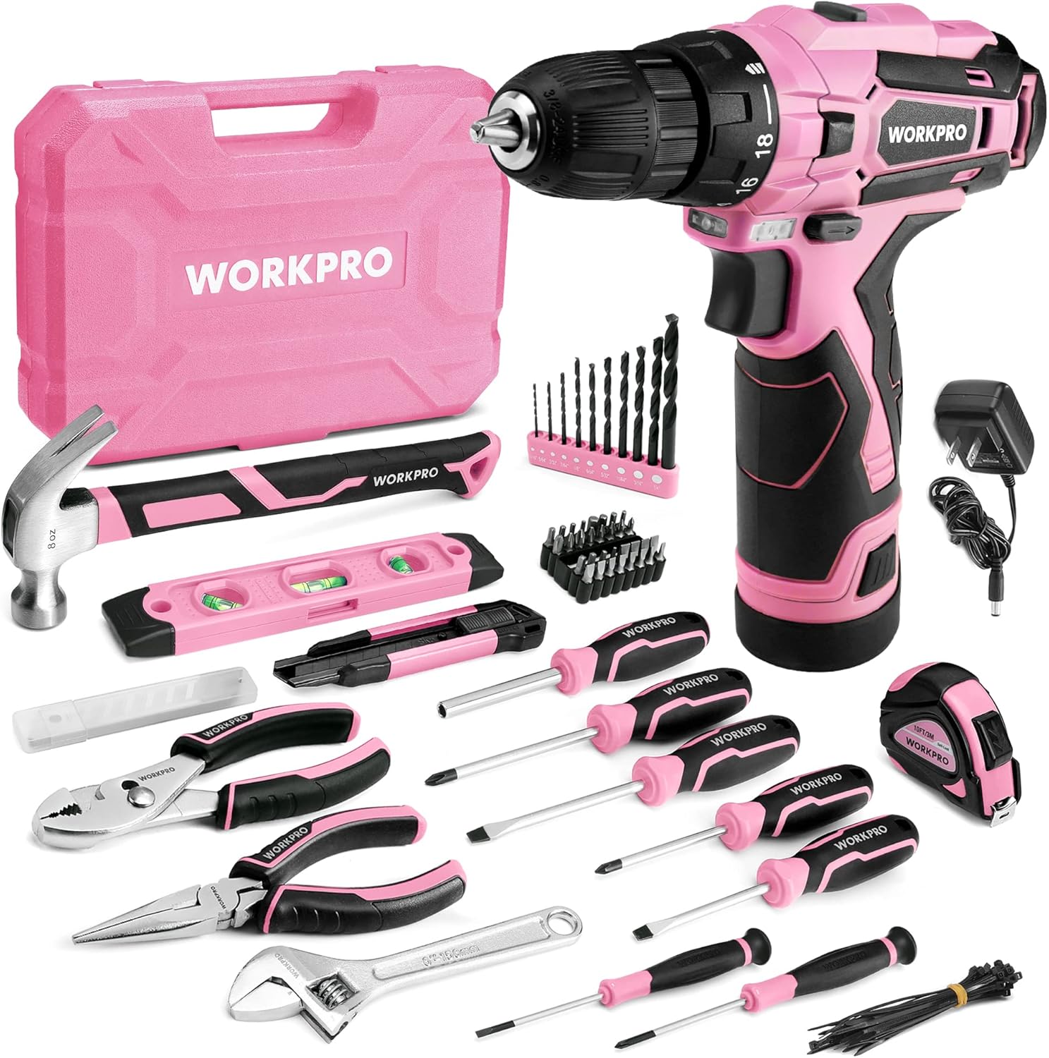 WORKPRO 12V Cordless Pink Drill Set for Women, Home Tool Kit with Tool box
