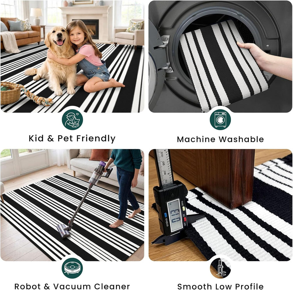 KOZYFLY 3'x5' Striped Area Rug, Black and White Woven Cotton Outdoor Rug