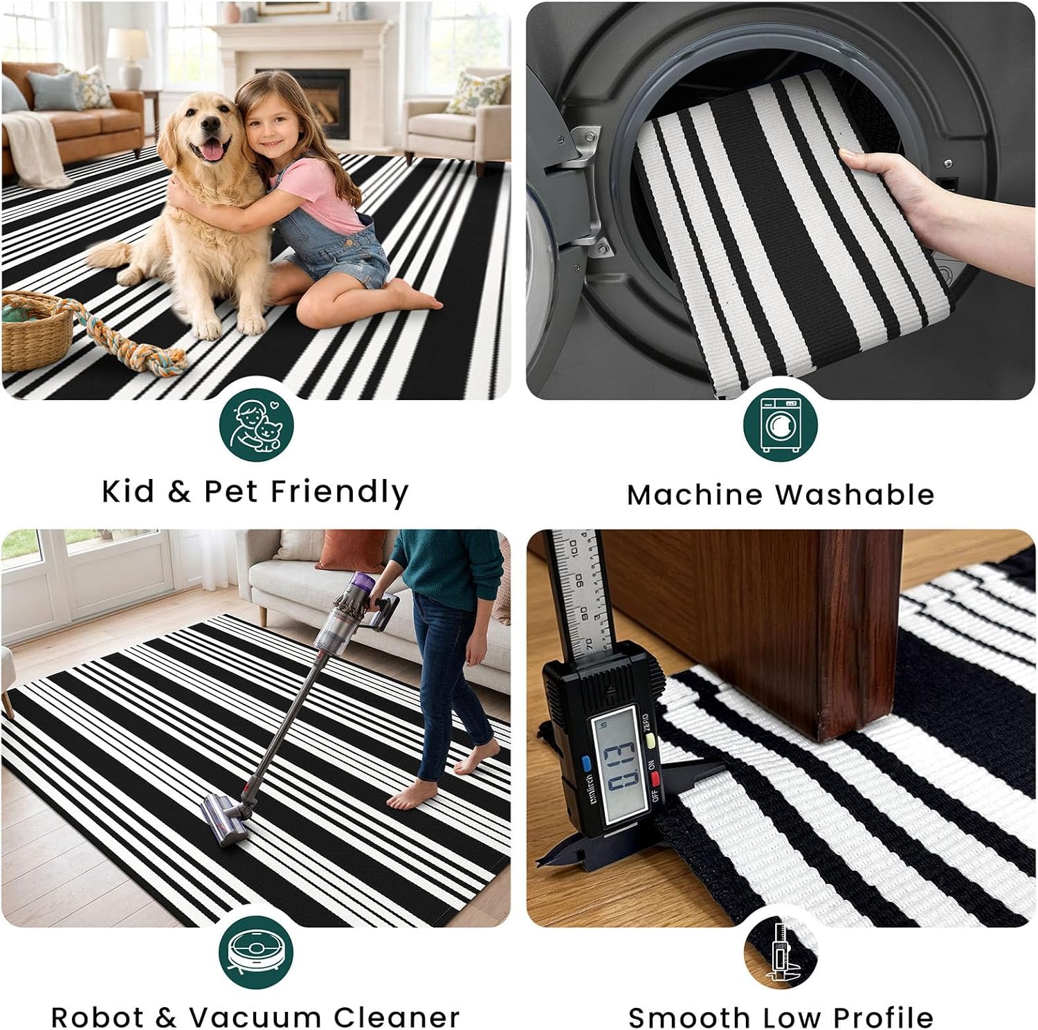 KOZYFLY 3'x5' Striped Area Rug, Black and White Woven Cotton Outdoor Rug