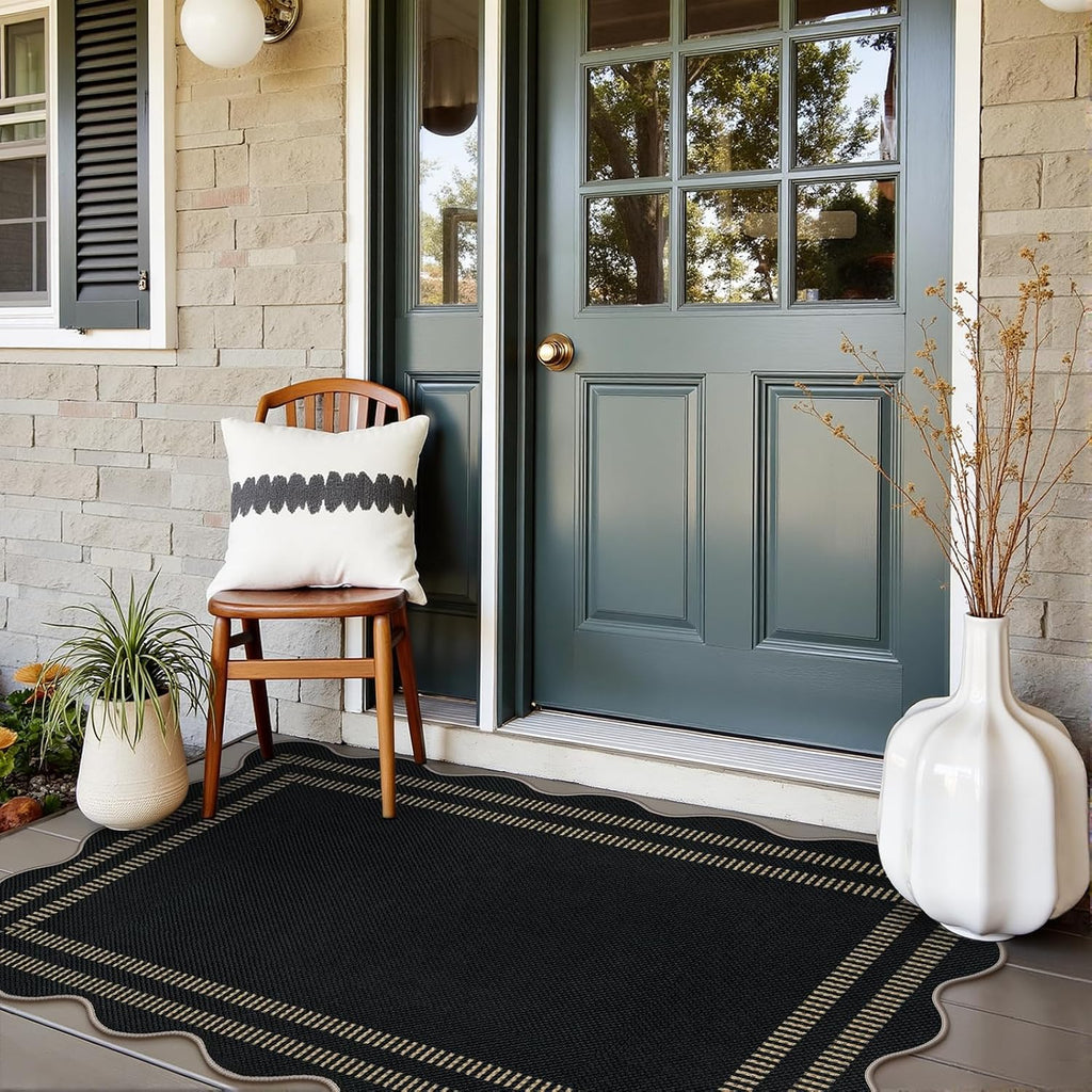 Modern Easy Jute 3x5 Outdoor Patio Rug, Black Washable Rugs for Entryway Indoor Kitchen Rugs, Farmhouse Neutral Non Slip Carpet for Living Room Backyard