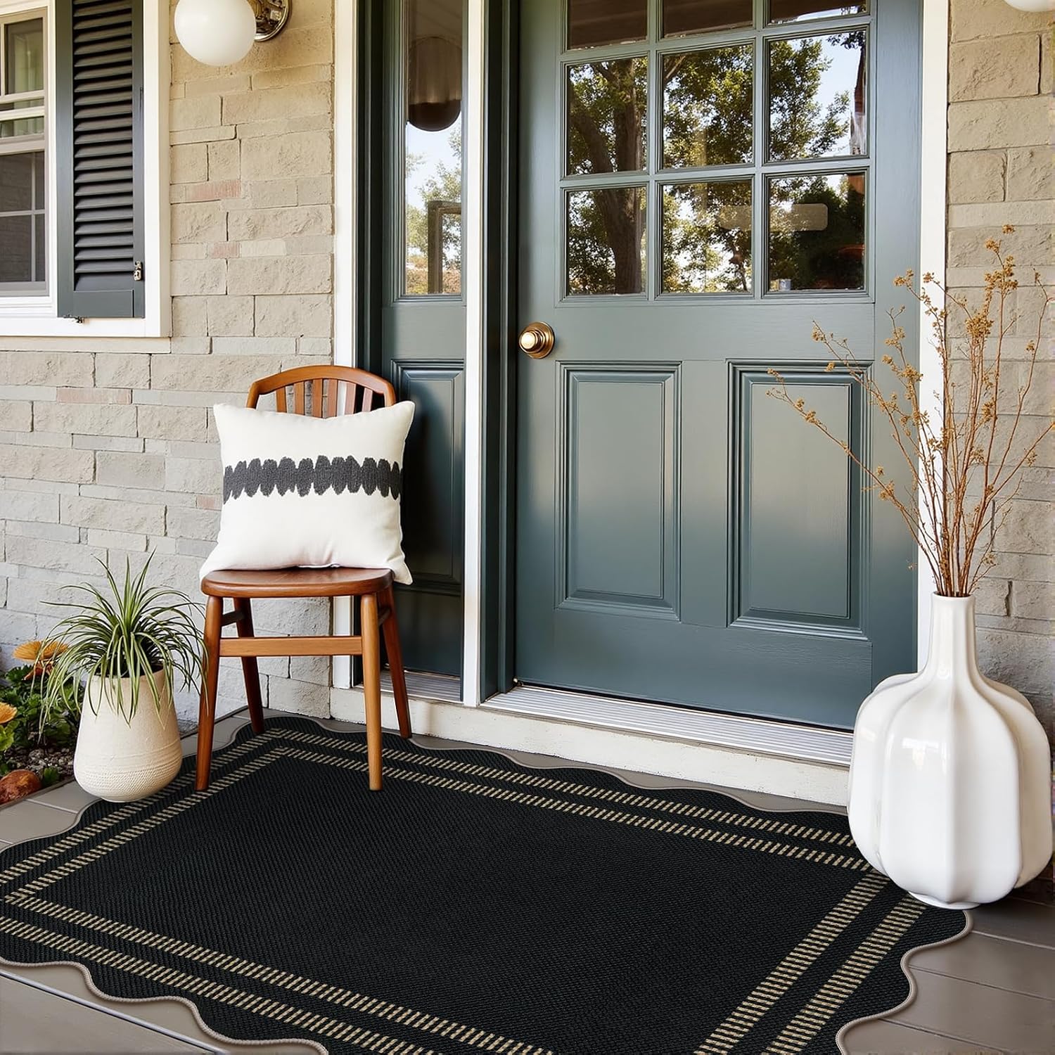 Modern Easy Jute 3x5 Outdoor Patio Rug, Black Washable Rugs for Entryway Indoor Kitchen Rugs, Farmhouse Neutral Non Slip Carpet for Living Room Backyard