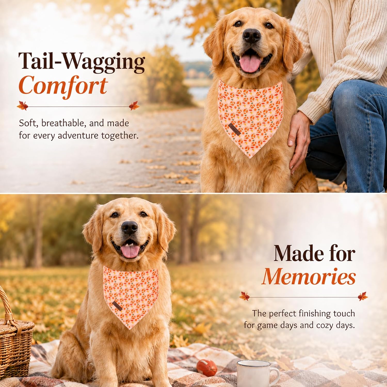 Fall Dog Bandanas Girl Boy American Football Cotton Washable Comfortable Triangle Dog Scarf Adjustable Pet Bib Kerchief for Small Medium Large Dogs L