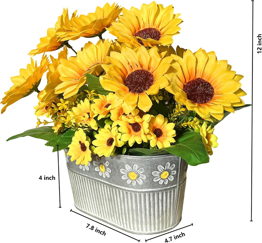 Artificial Flowers Fake Sunflowers in Pot, Faux Silk Flowers Floral Table Centerpiece Decoration, Rustic Potted Greenery for Farmhouse Home Décor