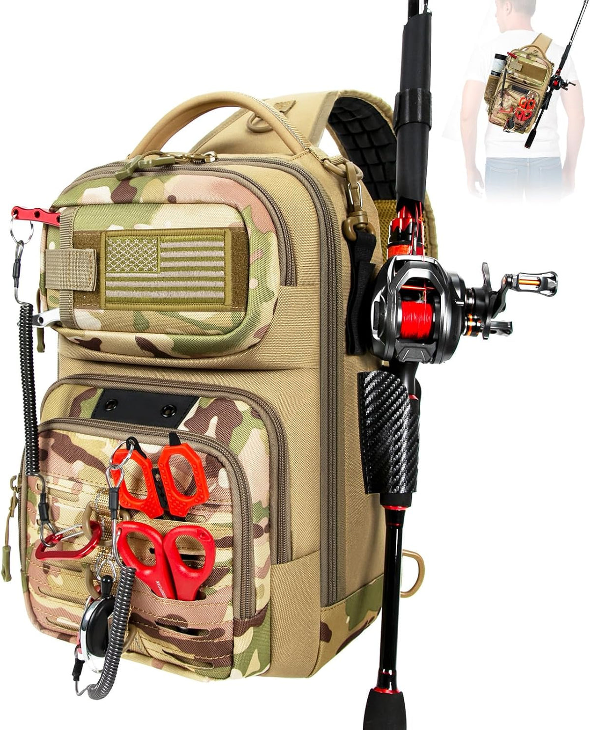 Fishing Sling Bag with Tackle Box, MOLLE System Fishing Backpack with Fishing Lures Kit, Fish Hook Remover Tool, Fish Lip Gripper, Fishing Plier & Accessories, Fishing Gear Gift for Men, Khaki