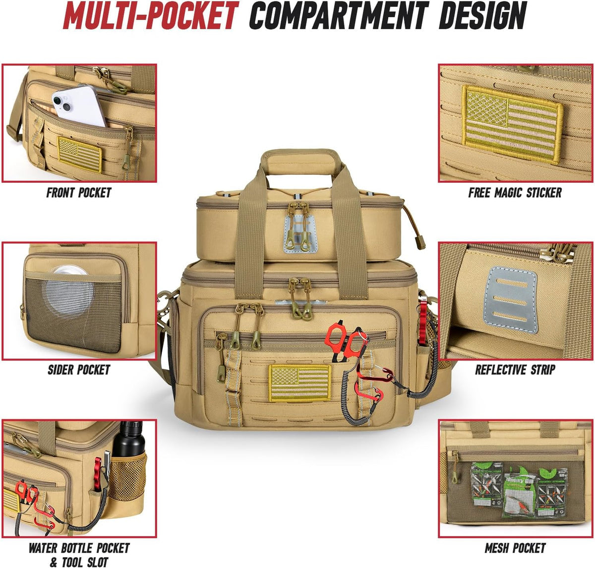 Fishing Tackle Bag, Equipped With 4 Tackle Boxes and Detachable Reel Storage Pouch, Waterproof Fishing Gear Organizer, Adjustable Shoulder Strap Fishing Bags for Saltwater & Freshwater