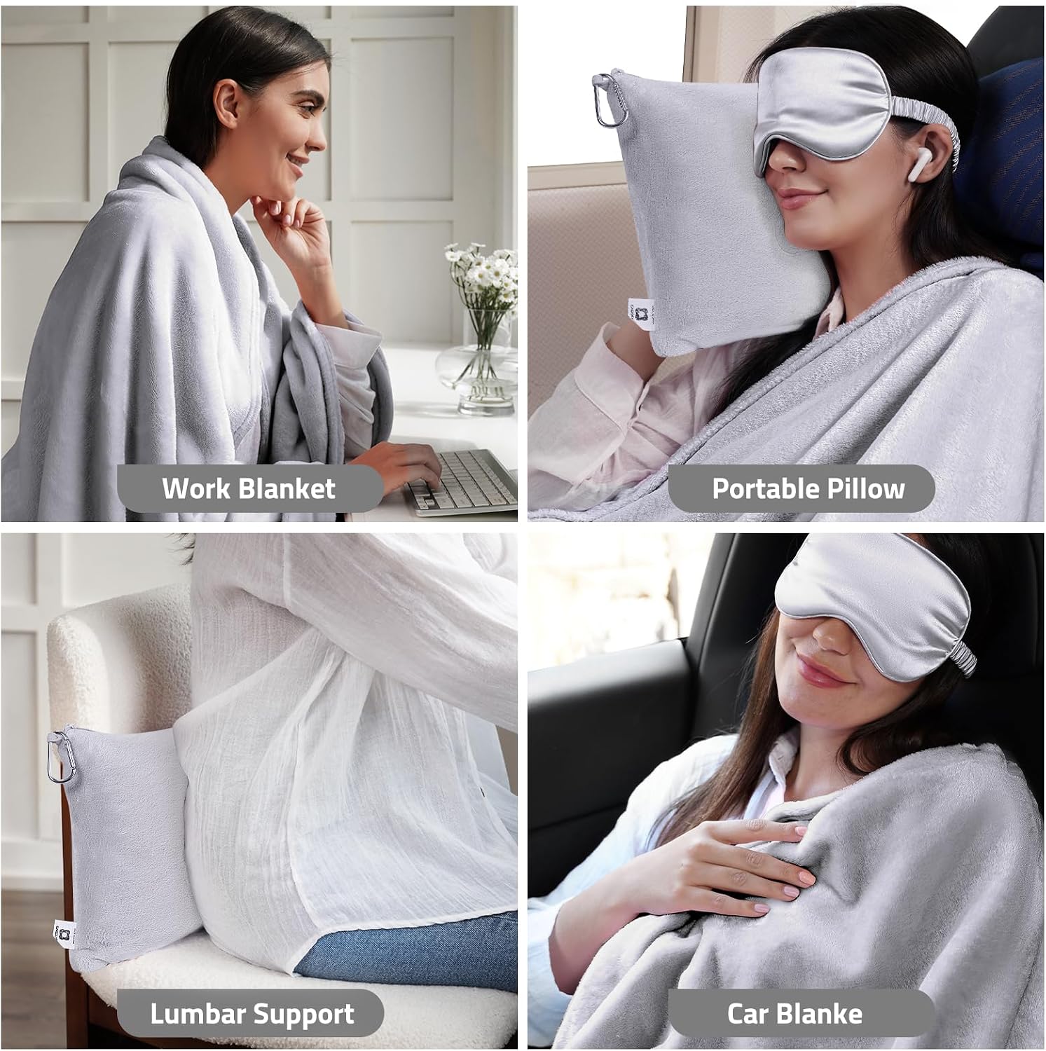 Travel Blanket Pillow,Airplane Blanket Compact with Bag Eye Mask, Ultra-Soft,Warm & Lightweight Included,Travel Essentials for Women & Men, Luggage Sleeve & Backpack Clip 65x40 in, Grey