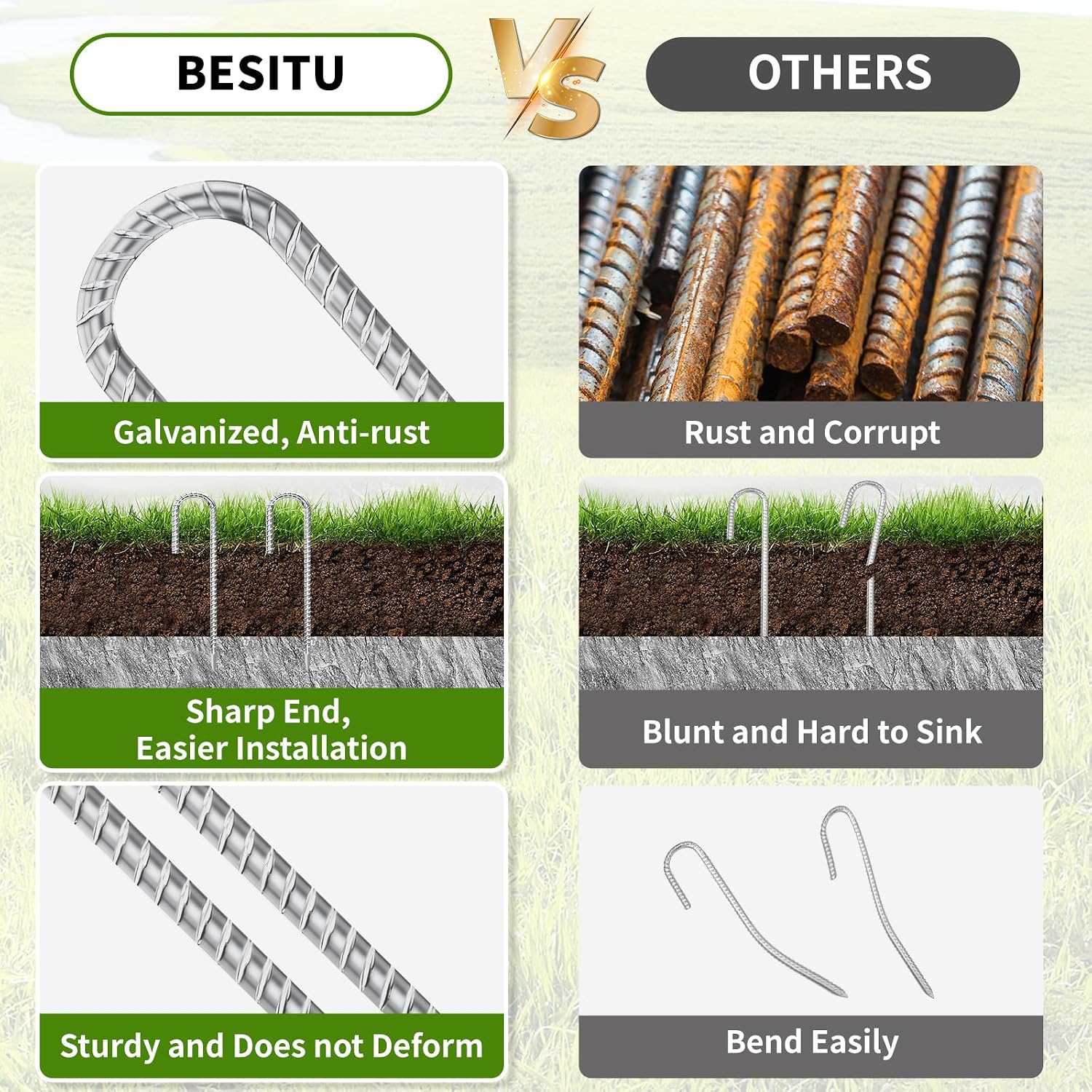 Besitu 12 Inch Ground Stakes Heavy Duty J Hook 30-Pack Metal Spikes Galvanized Ground Hooks Anchors Rebar Ground Stakes for Fence Tent Gazbo Bounce House and Outdoor Decorations Inflatables