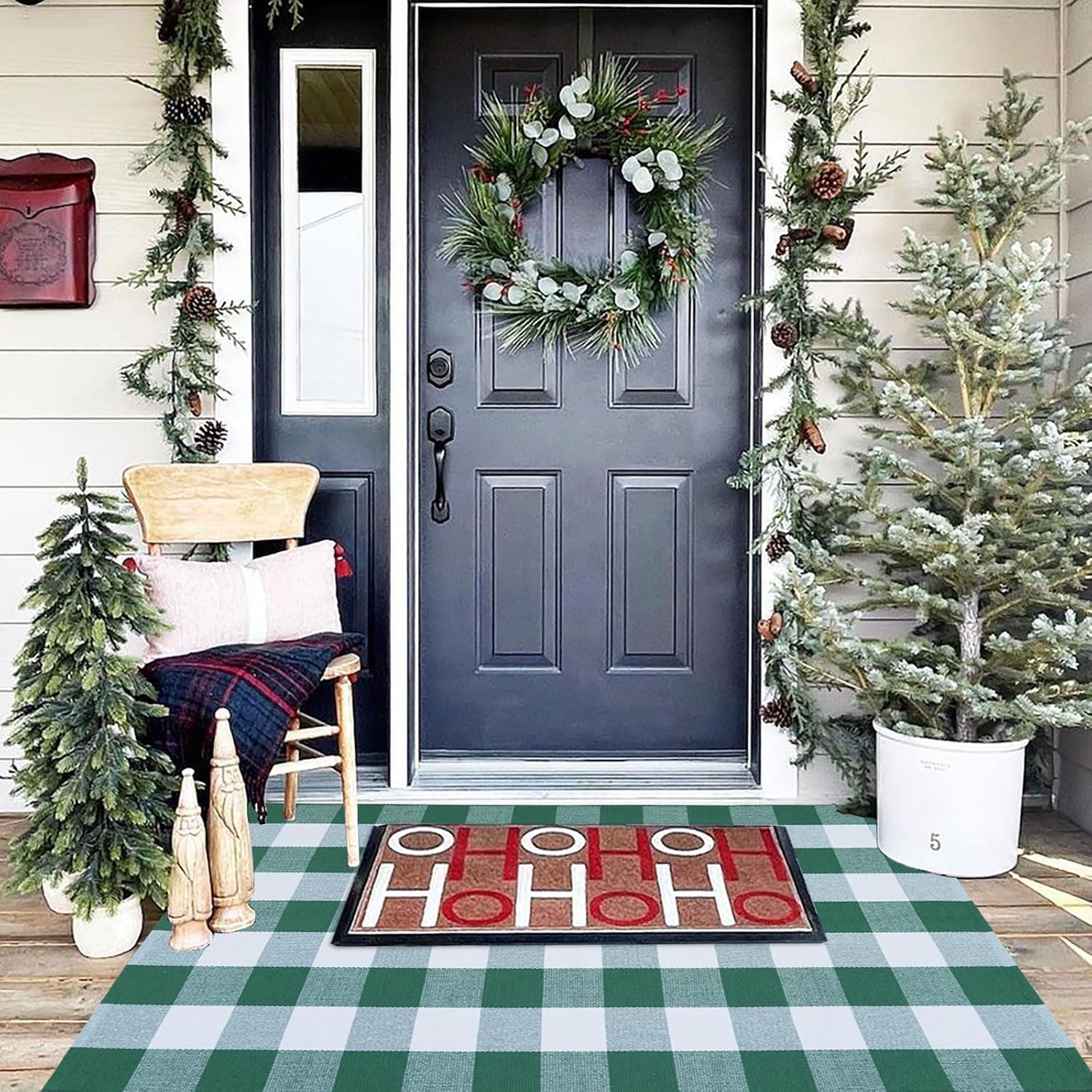 CAINANEL Green and White Buffalo Plaid Outdoor Rug Spring Door Mat Layering Rug Welcome Doormats for Spring Easter Farmhouse Entrance Porch Outdoors Decor