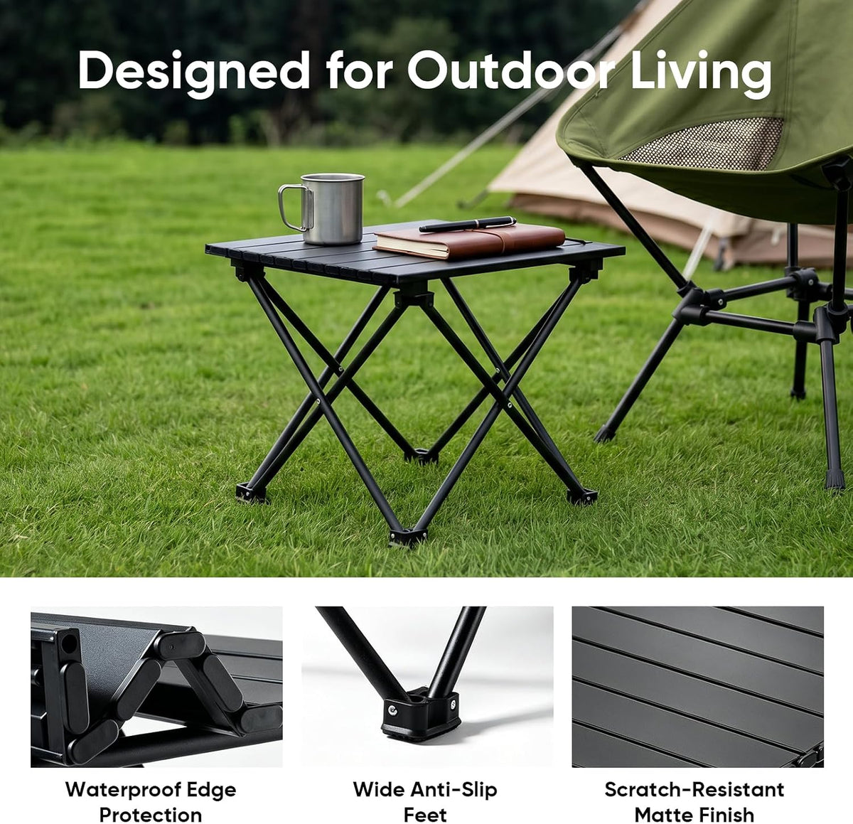 Camping Table, Ultralight Folding Camping Table with 3-Step Setup, Compact Outdoor Side Table for Camping Chair, Picnic, Fishing, Beach, Lawn, Patio, 13.8 in x 15.7 in