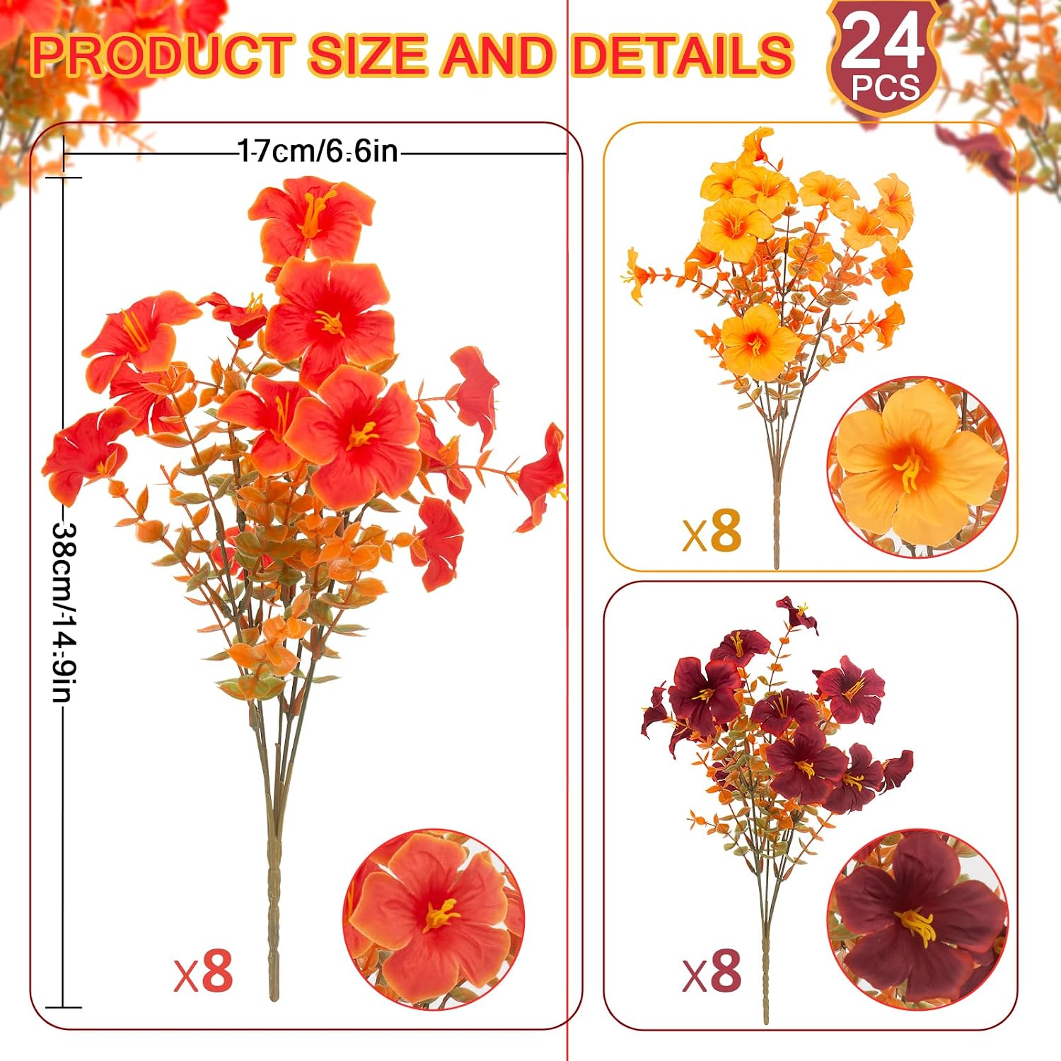 Daynight 2 Set Artificial Outdoor Fall Flowers with Hanging Baskets, 24 Pcs Faux Petunias Flowers with Hanging Planter for Outside Porch Yard Garden Autumn Decor (2, Orange)