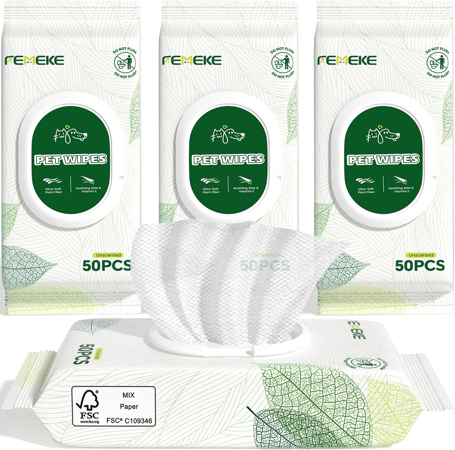Unscented Dog Wipes & Cat Wipes (4x50 Packs) | Hypoallergenic, pH Balanced for Paws, Body, Eyes & Ears Grooming |All-Natural Plant Fiber Wipes with Aloe & Vitamin E | Pearl Texture