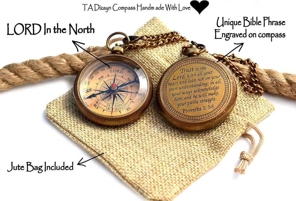 Trust in The Lord With All Your Heart - Proverbs 3:5-6 Quote Engraved Compass With Wooden Box, Greeting Card, Gift Compass, Graduation Day Gifts 2024 for Women Men Boys Girls