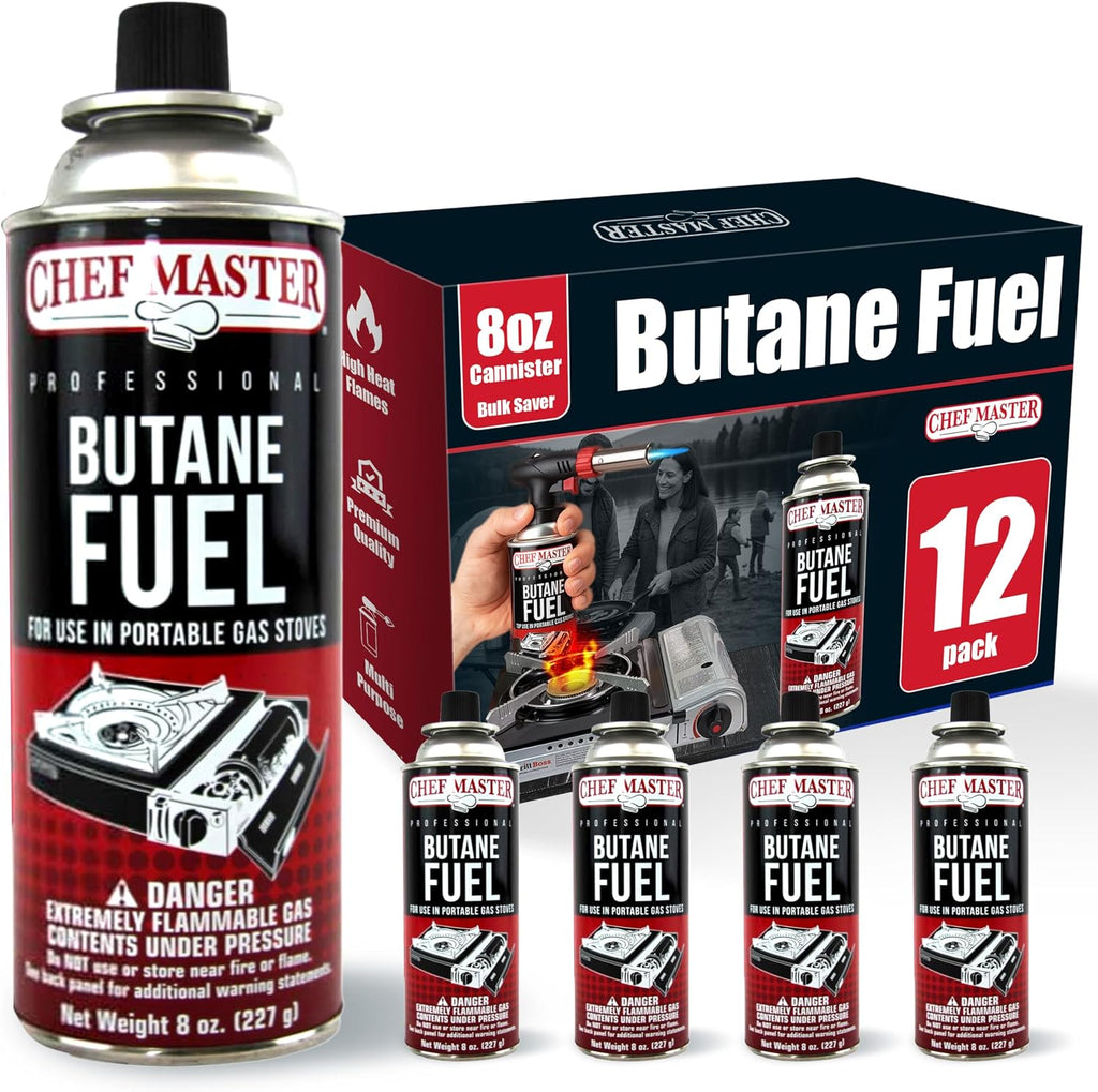 Chef Master Butane Fuel Canister, Camp Stove & Torch Refill, 8 oz, 24-Pack