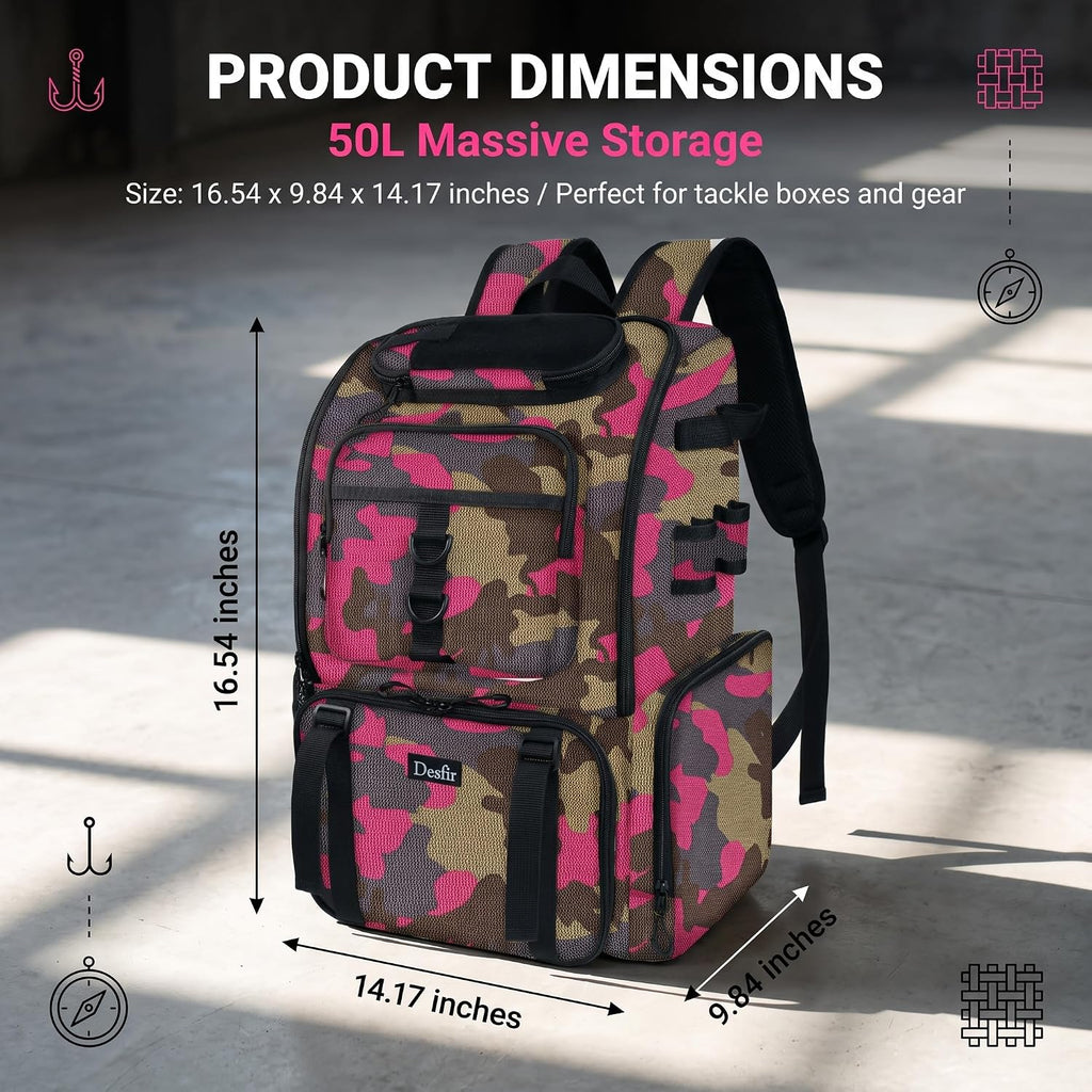 Handor Fishing Tackle Backpack, 50L Capacity, Waterproof Fishing Gear Bag (Camouflage Rose)