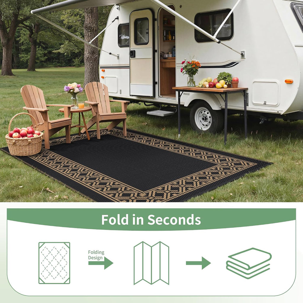 GENIMO Outdoor Rug, Waterproof Plastic Rugs for Patio, 6'x9' Black Brown