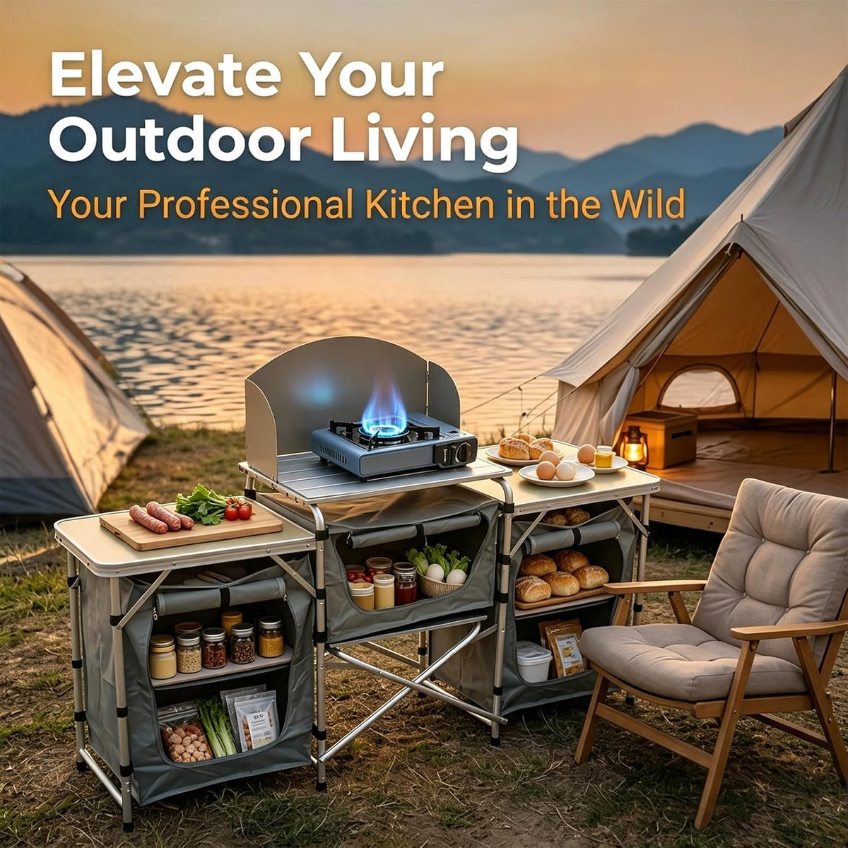 Folding Camping Kitchen Table, Outdoor Cooking Table with Storage