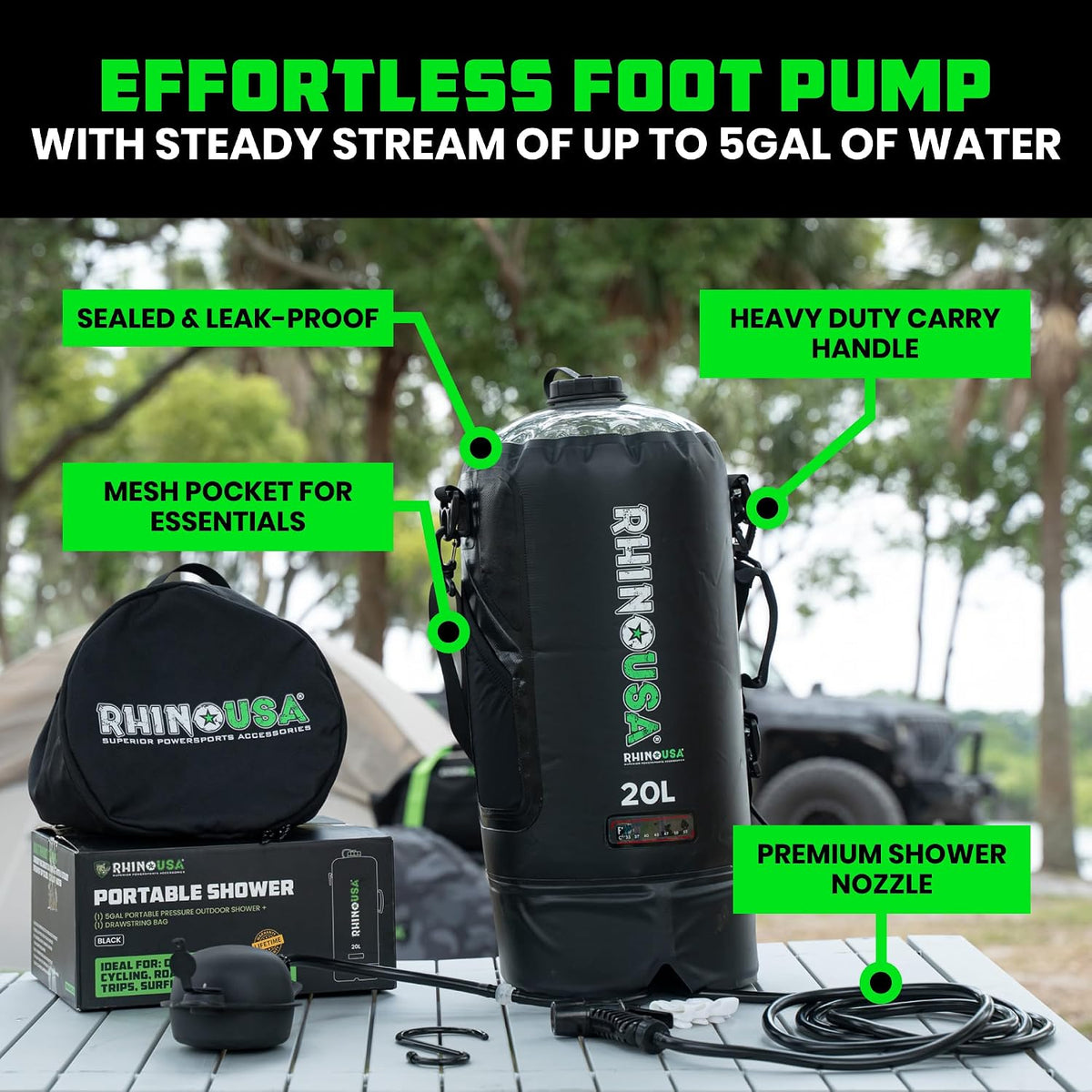 Rhino USA Portable Solar Camp Shower - 5 Gal/20L for Camping & Overlanding