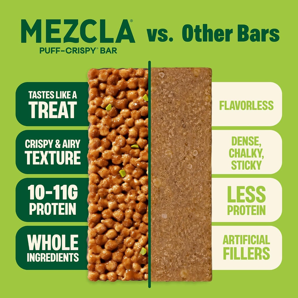 Mezcla Pistachio Chocolate Puff Crispy Vegan Bars, 11g Protein, 12 Bars