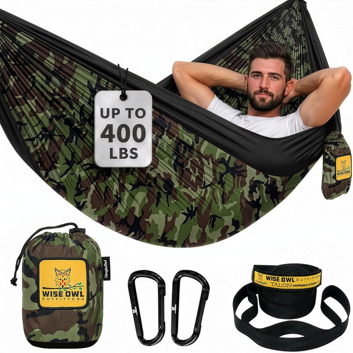 Wise Owl Outfitters Camping Hammock – 400lbs Portable Hammock with Tree Straps - Travel, Backpacking, Hiking, Outdoors Camping Gear - Single