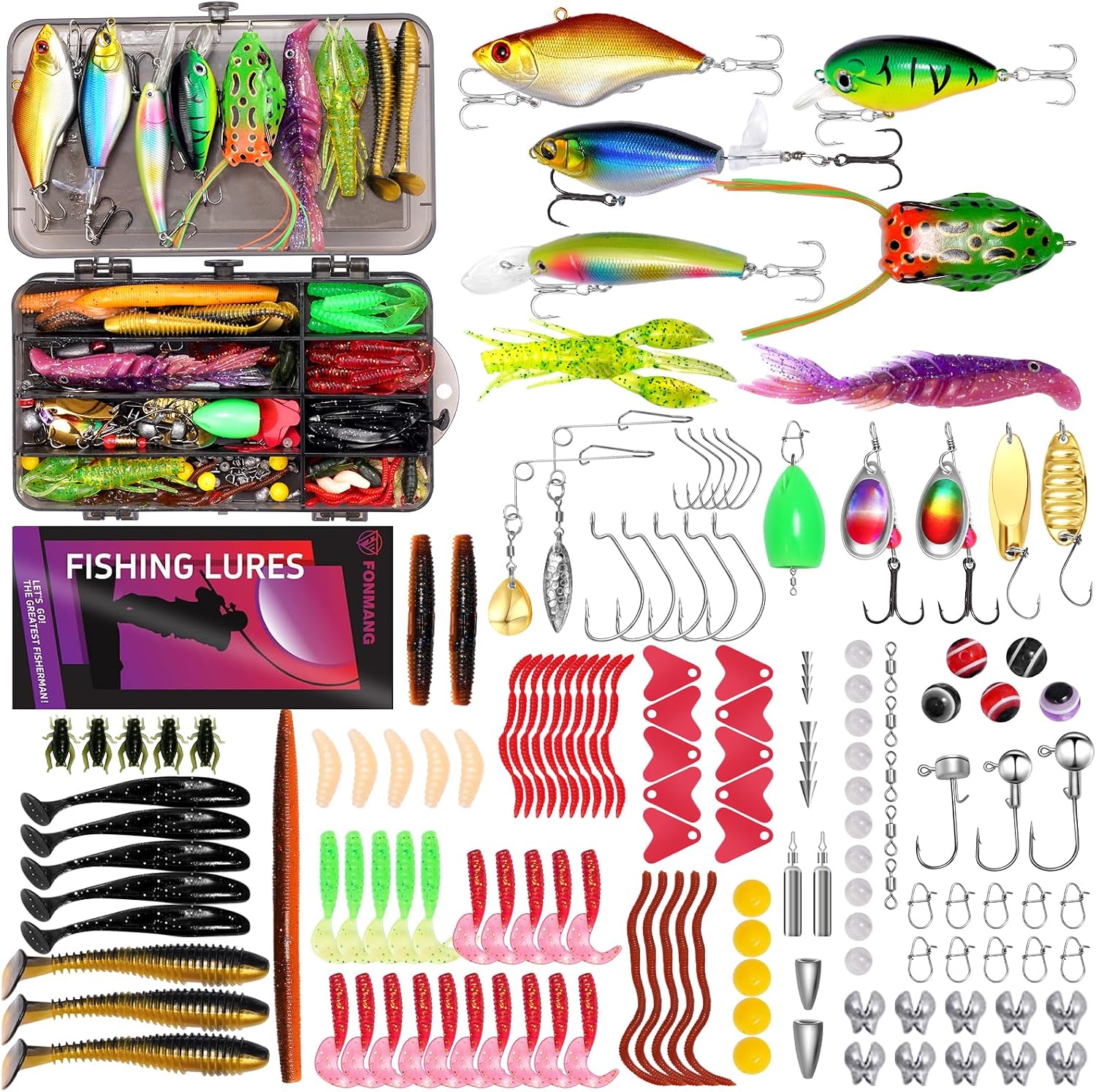 FONMANG Fishing Lures - Tackle Box with Tackle Included, Fishing Kit with VIBs, Frogs, Minnows, Soft Baits, Hooks & Weights Accessories, Freshwater Lure Kit for Bass Walleye Trout