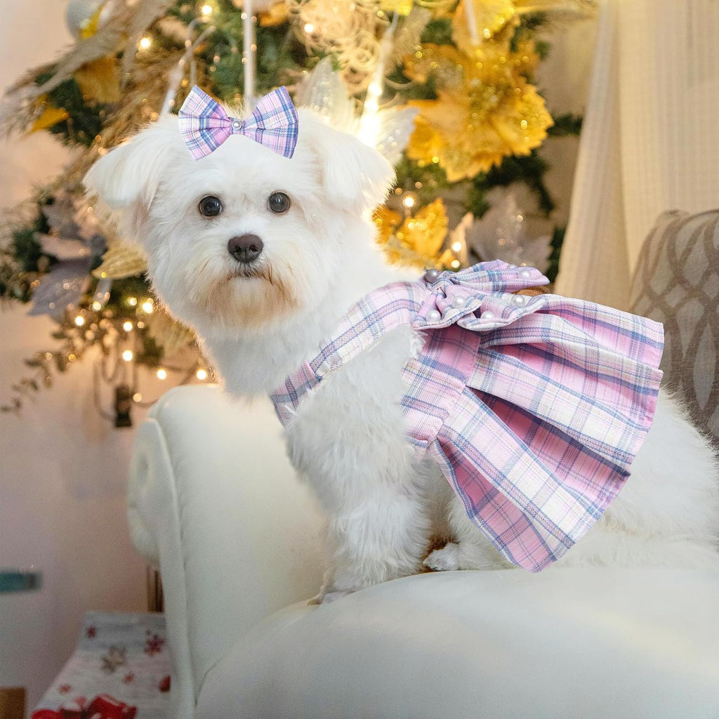 Dog Dress Bowknot Harness Leash Set for Small Dogs Girl Cute Plaid Dog Dress Pearls Bow Tie Spring Summer Princess Clothes Birthday Holiday Doggie Outfits for Puppy Cats Girl Apparel (Red, Small)
