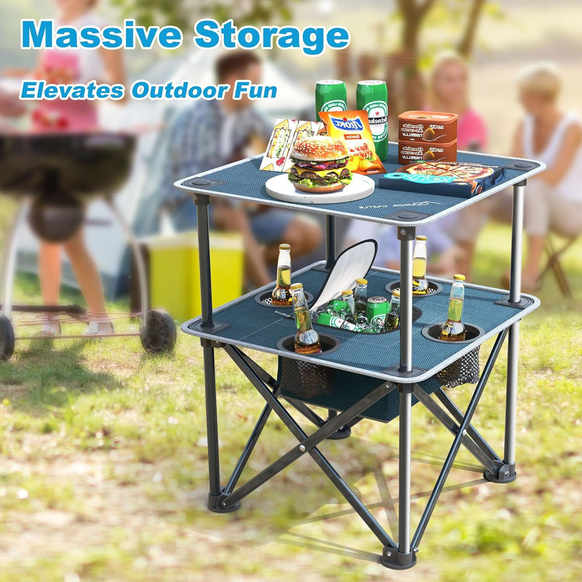 Folding Beach Table, Camping Table for Sand with Insulated Cooler Storage & 4 Cup Holders, Portable Pop Up Picnic Table, Lightweight Side Table for Outdoor