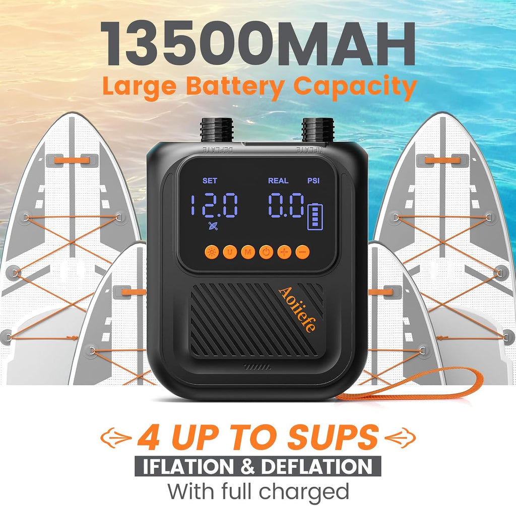 Portable Rechargeable Electric SUP Paddle Board Pump, Intelligent Dual Stage Inflation&Deflation, Up to 20PSI and Auto-Off for Stand UP Paddle Boards, Kayaks, Tents
