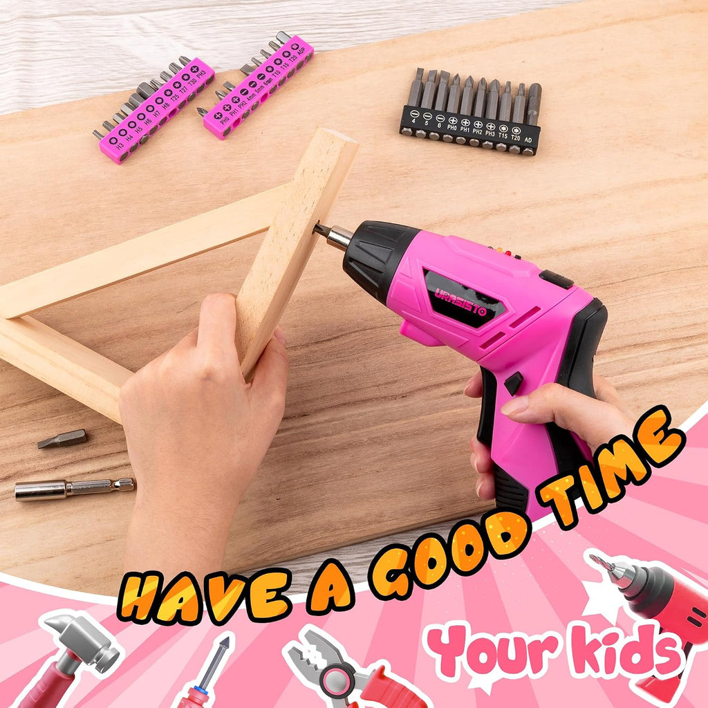 URASISTO 55-Piece Kids Real Tool Set, Electric Cordless Drill Tool Kit for Children with Interchangeable Bits, Flexible Shaft, Charger, All in Carrying Case, Power Drill Tools Set for Kid, Age 14+