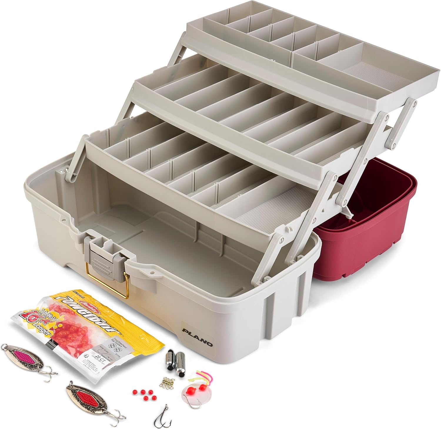 Plano Three-Tray Tackle Box Salmon Kit, Maroon/Grey, Rust-Proof Brass Latch, Top-Access Tray Compartments with Deep Storage, Made in the USA, Portable Fishing Gear Storage Organizer