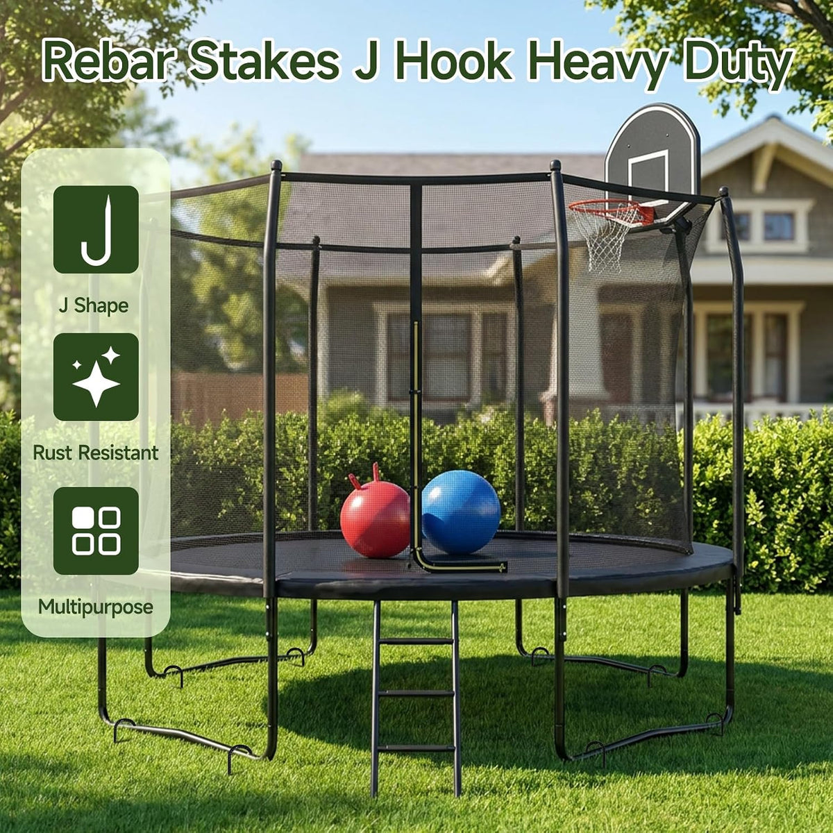 16Piece Tent Stakes Heavy Duty, 12 ’’ Rebar Stakes Ground Anchors High Wind, J Shape Galvanized Steel Trampoline Stakes for Camping Patio, Trampoline, Garden, Canopies, Outdoor (Black, J Shape)