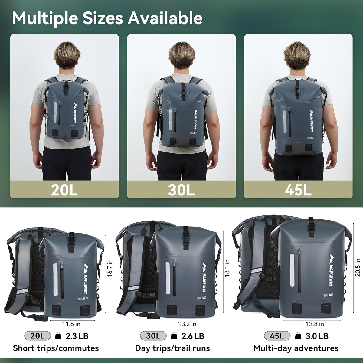 MARCHWAY Roll Top Waterproof Backpack, Floating Dry Bag 20L/30L/45L with Ergonomic Rectangular Base, Cushioned Back, Hip Strap for Hiking Camping Kayaking Travel (Grey, 20L)