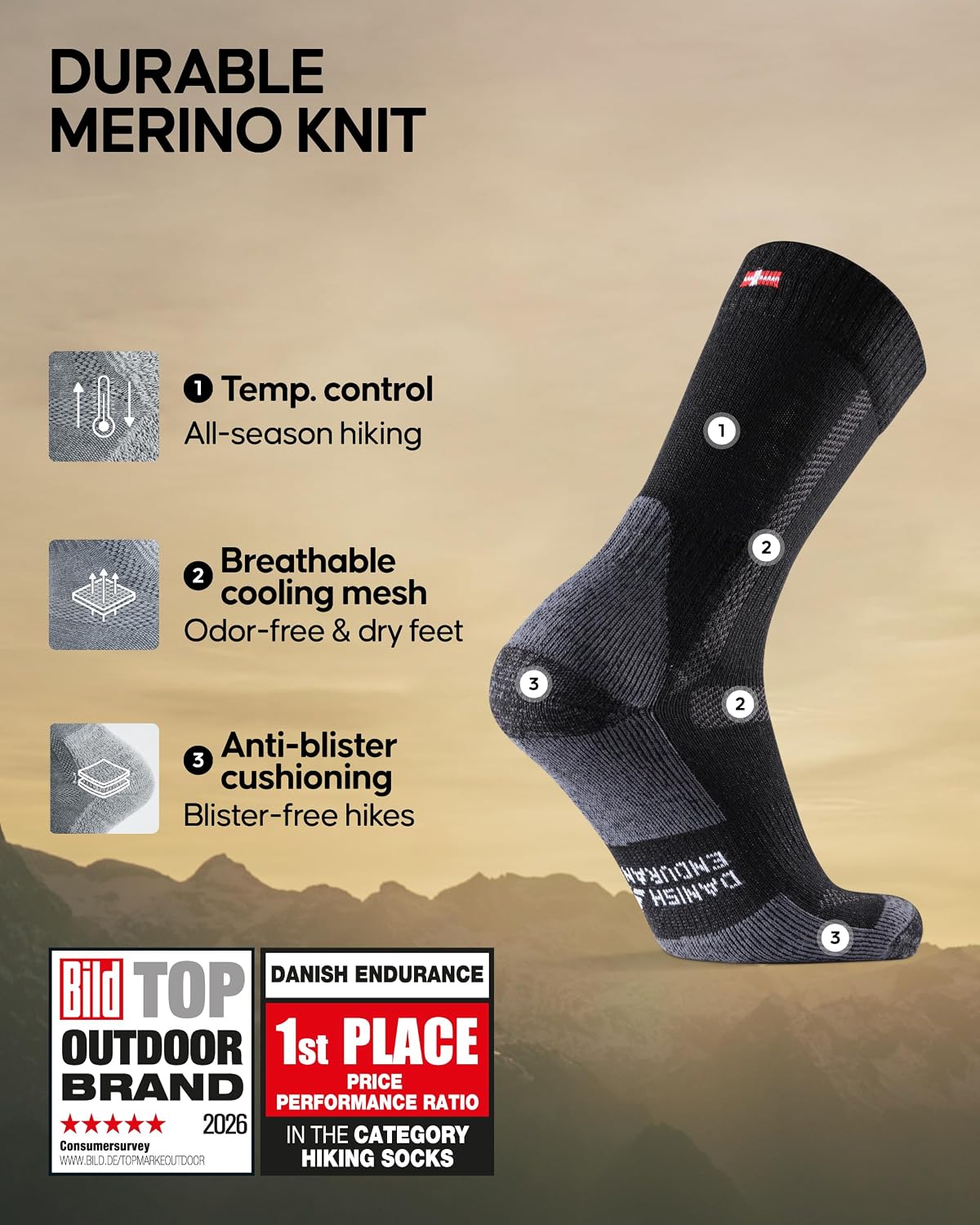 DANISH ENDURANCE Hiking Socks, Merino Wool, Anti-Blister, 3 & 5-Pack