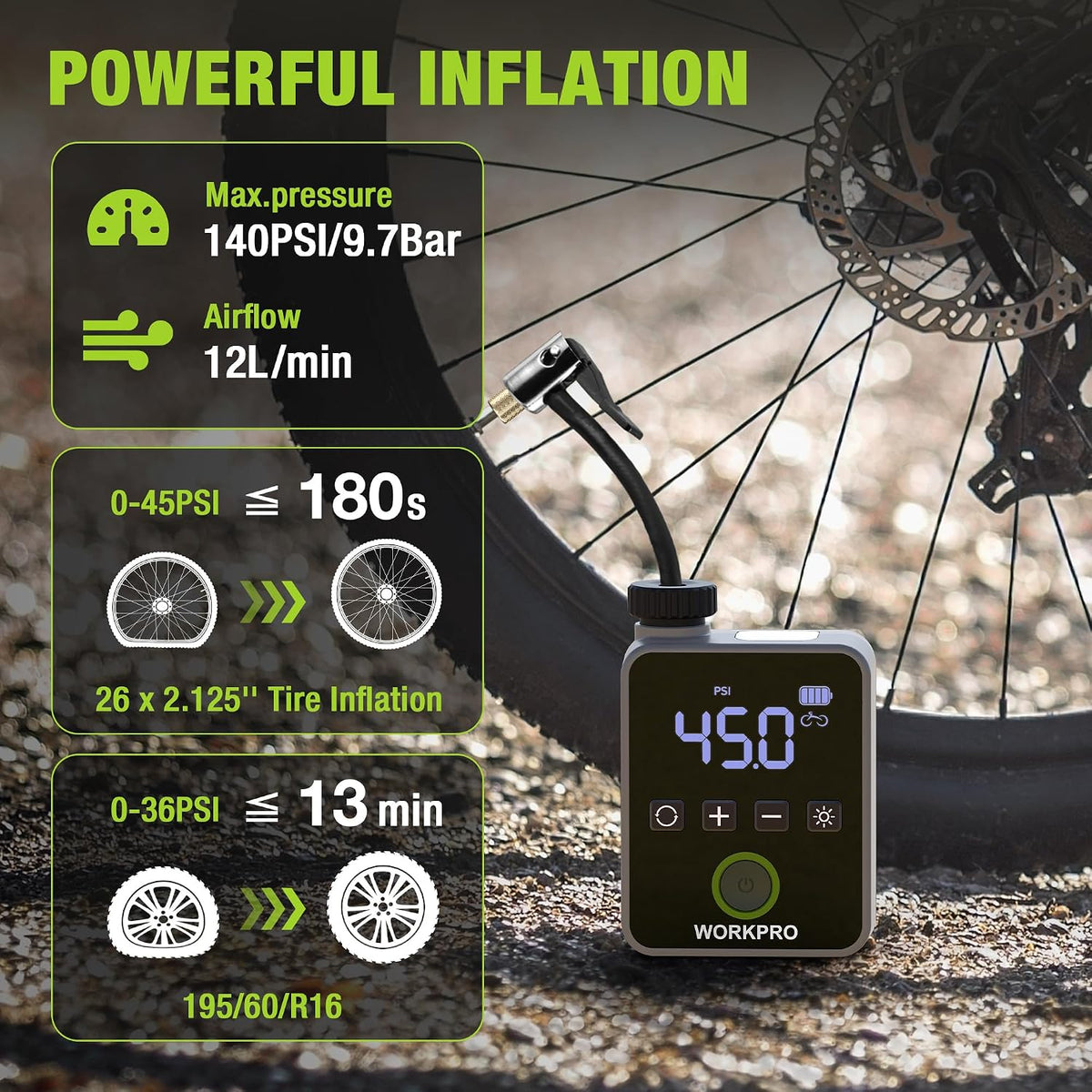 WORKPRO Mini Electric Bike Pump, 140 PSI Portable Tire Inflator