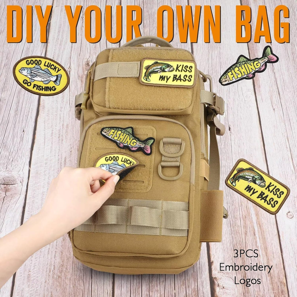 Dovesun Small Fishing Backpack with Tackle Boxes Fishing Sling Bag DIY Embroidery Patches Tackle Bag Gift for Men Khaki