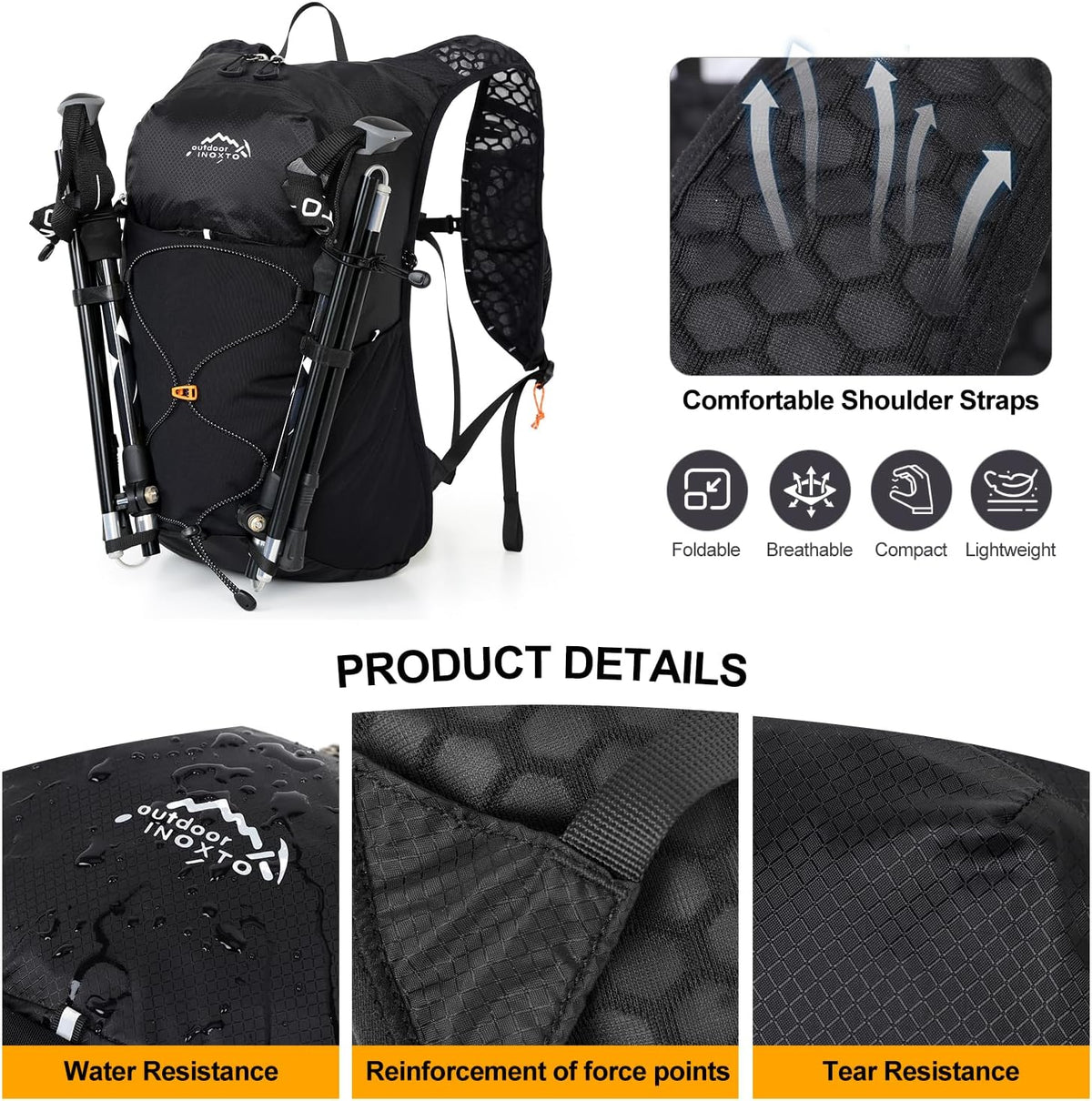 IX INOXTO 15L Small Hiking Backpack Lightweight Foldable Packable Backpack Waterproof Travel Camping Daypack for Men Women (Black)
