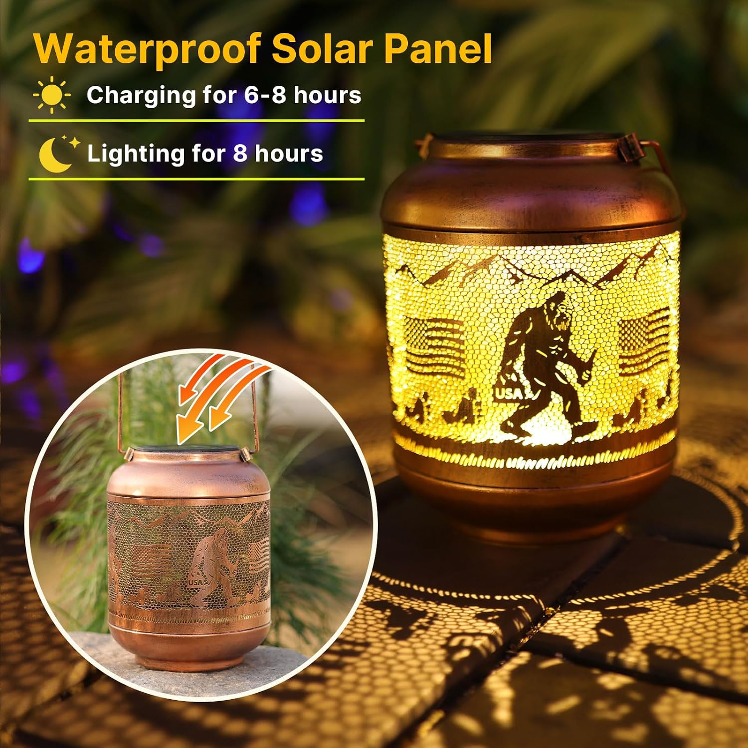 Bigfoot Solar Lanterns Outdoor Waterproof Hanging Solar Lights Big Foot Sasquatch Metal Decoratives LED Lantern for Patio, Backyard, Porch, Yard, Lawn,Garden Decor Gifts Men