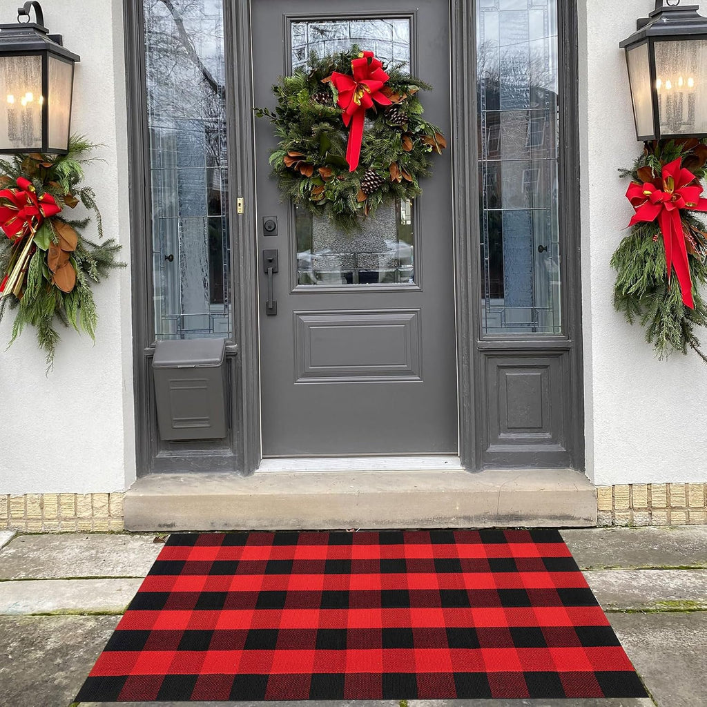 Christmas Door Mat Outdoor 35.4''x59'' Buffalo Plaid Christmas Decor Rug Cotton Hand-Woven Layered Door Mats Washable Carpet for Front Porch, Kitchen, Farmhouse, Entryway