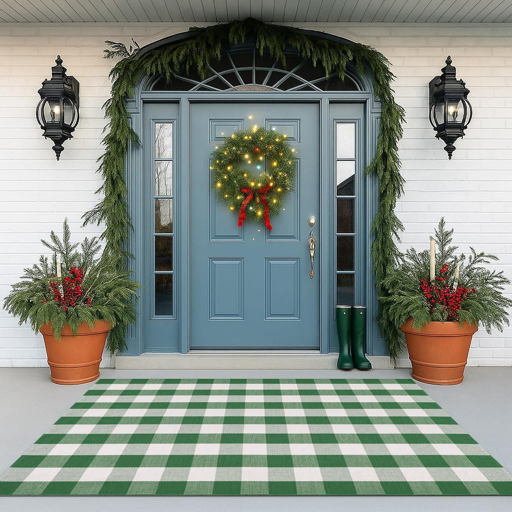 Christmas Green & White Plaid Rug - 4' x 6' Outdoor Front Door Decor Mat Cotton Washable Hand-Woven Rug Christmas New Year Holiday Porch Entryway Layered Doormat