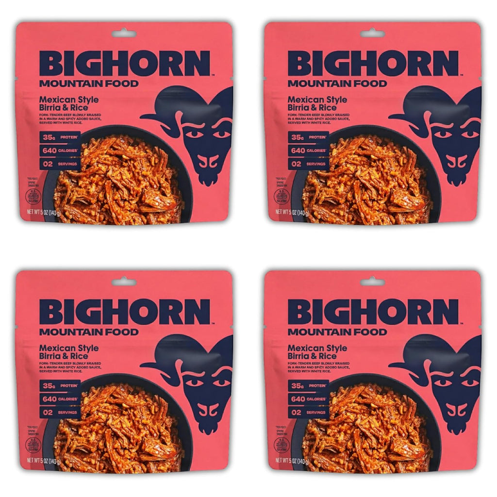 BIGHORN Mountain Food Mexican Style Birria and Rice - contains 4 packs | 8 servings | 140g Protein | 2,560 Calories - premium freeze dried meals for backpacking food - dehydrated camping food for backpacking meal - just add water - great taste
