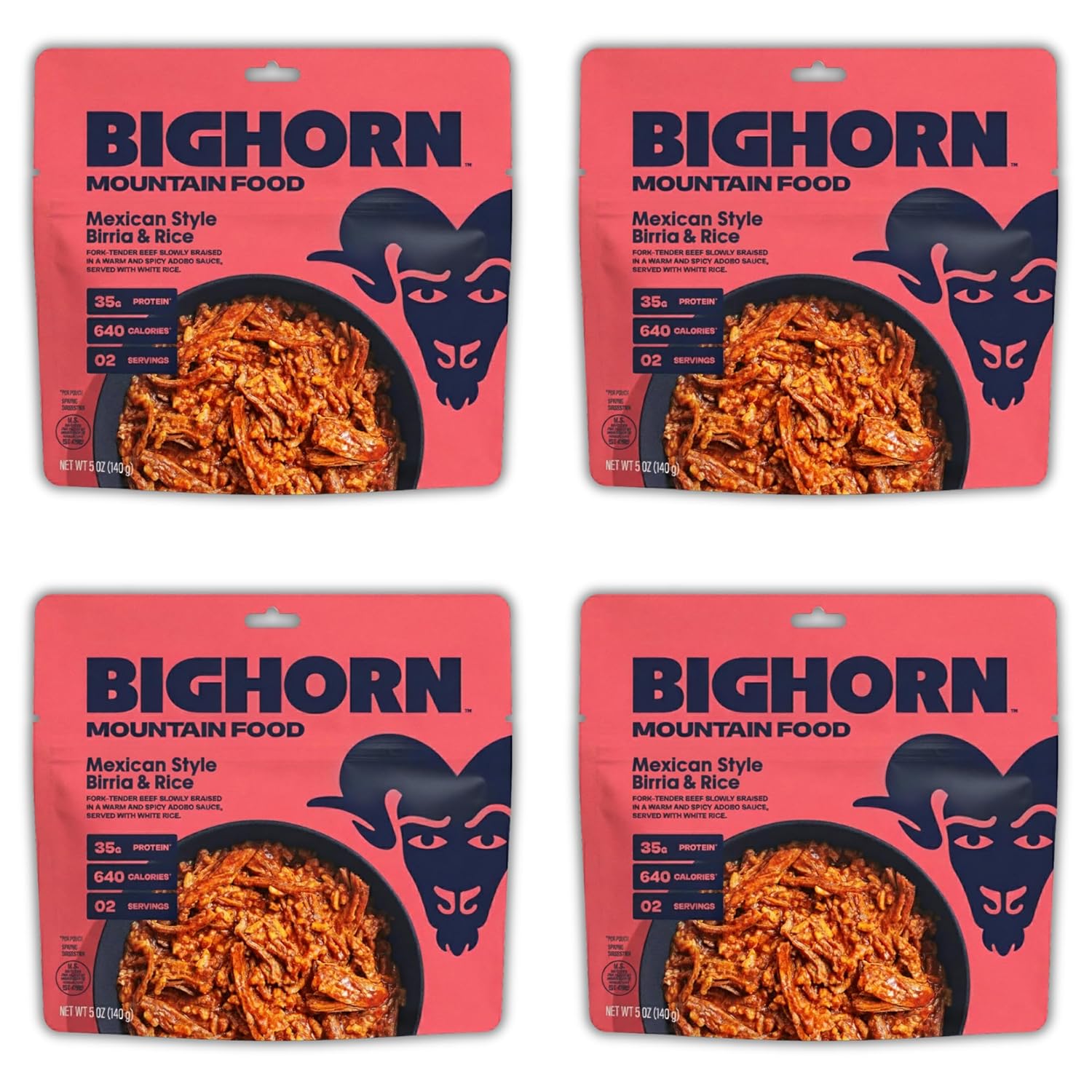 BIGHORN Mountain Food Mexican Style Birria and Rice - contains 4 packs | 8 servings | 140g Protein | 2,560 Calories - premium freeze dried meals for backpacking food - dehydrated camping food for backpacking meal - just add water - great taste