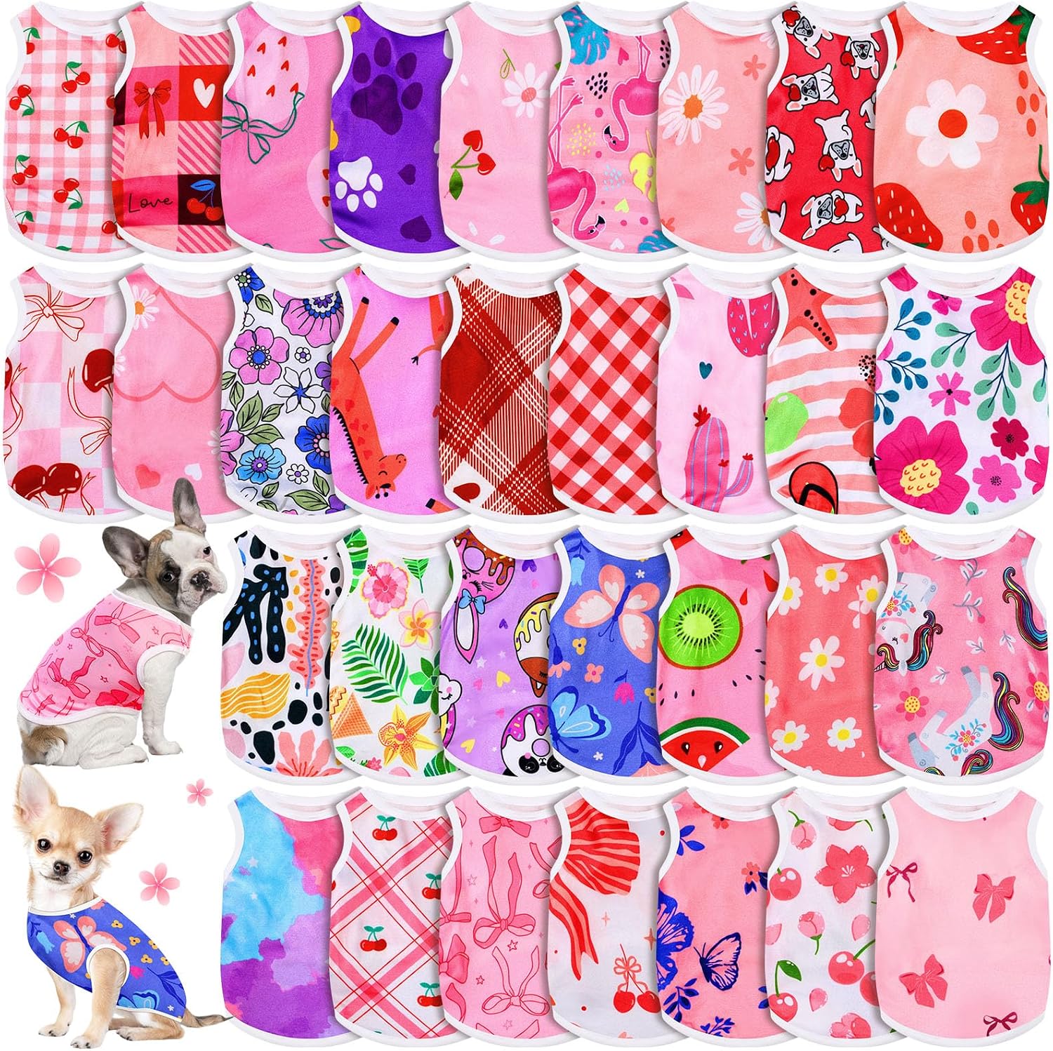 Yaomiao 32 Pack Summer Small Dogs Clothes Puppy Shirts Bulk, Breathable Sleeveless Pet T-Shirts, Cute Hawaiian Dog Clothes for Boy & Girl Dogs, Vest Apparel for Puppies Cats(Cartoon Series,S)