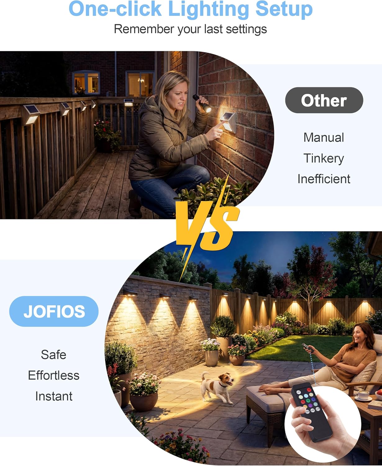 JOFIOS Fence Lights Solar Powered with Remote 12 Pack, Warm White, Cool White and RGB Color Glow LED Solar Lights Outdoor, Dusk to Dawn Solar Fence Lights for Patio, Backyard, Railing, Deck, and Wall