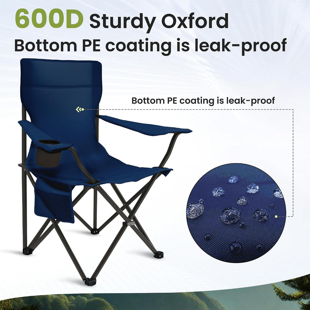 Camping Chairs for Adults 2 Pack, 300LBS Heavy Duty Reinforced Steel Portable Folding Chairs, Ergonomic High Back Outdoor Chair with Cup Holder & Side Pocket, Lightweight Set for Beach Picnic, Blue