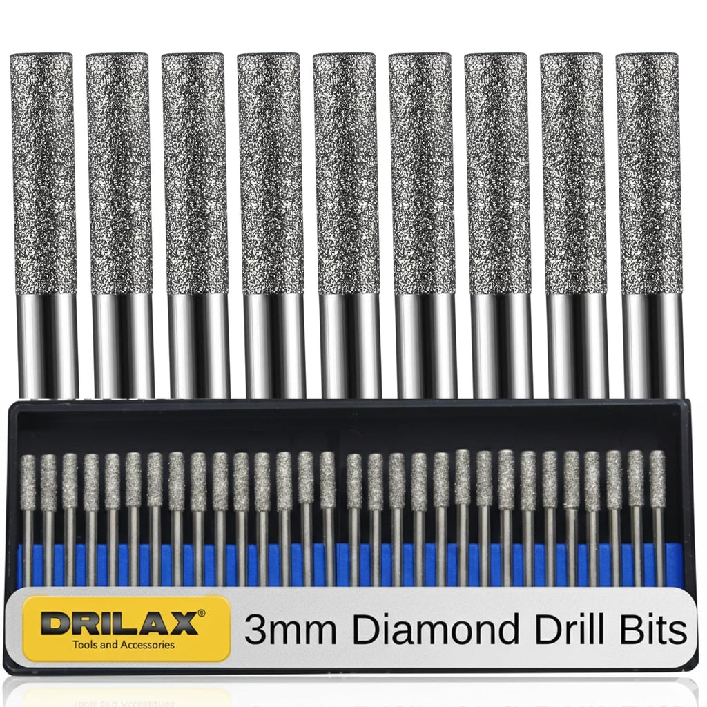 Drilax 3mm Diamond Drill Bits (1/8") 30 pcs Diamond Drill Bits for Stone, Glass, Sea Shells, Gemstones Compatible with Dremel Diamond Tipped Drill Bit Set