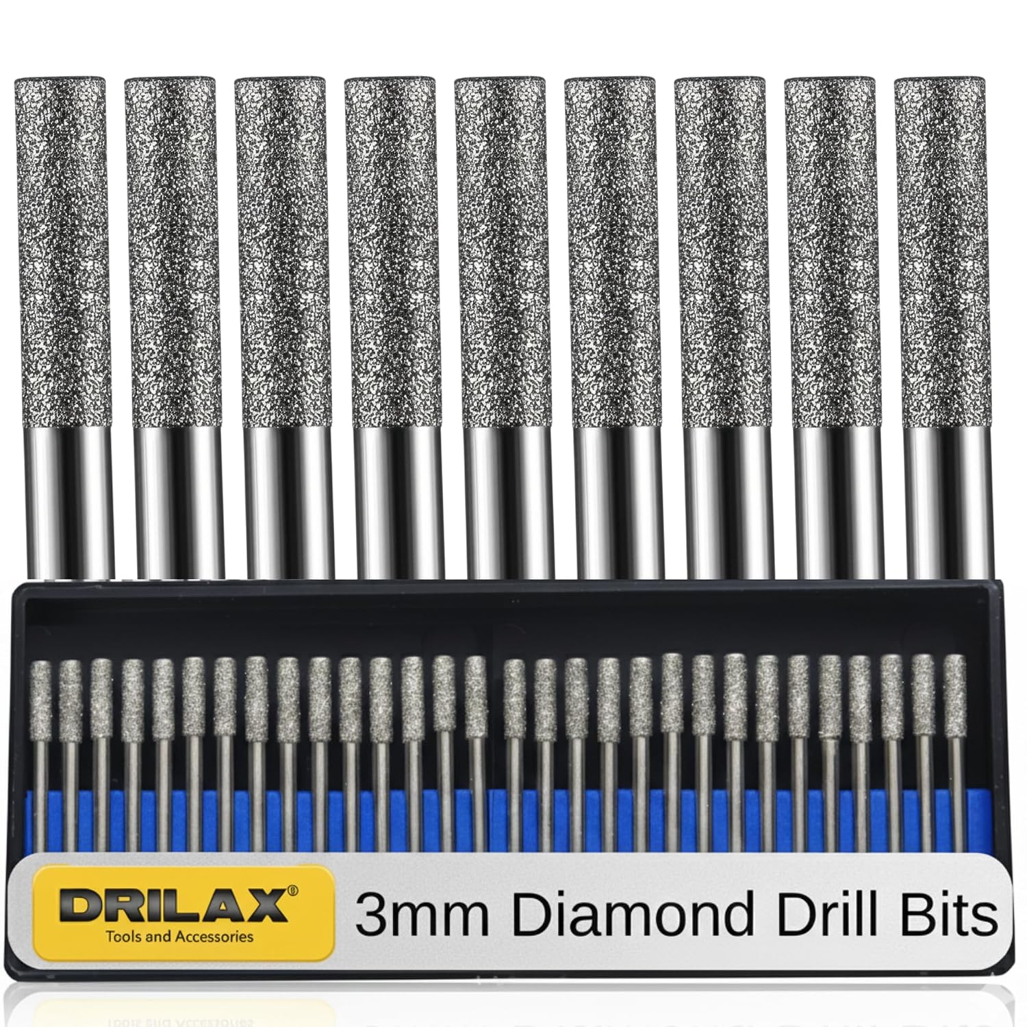 Drilax 3mm Diamond Drill Bits (1/8") 30 pcs Diamond Drill Bits for Stone, Glass, Sea Shells, Gemstones Compatible with Dremel Diamond Tipped Drill Bit Set